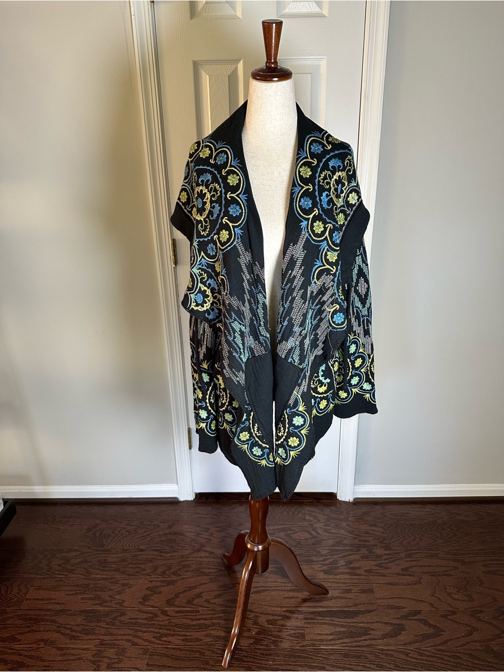 Johnny Was Biya Hooded Black Knit Jacket  with Floral embroidery